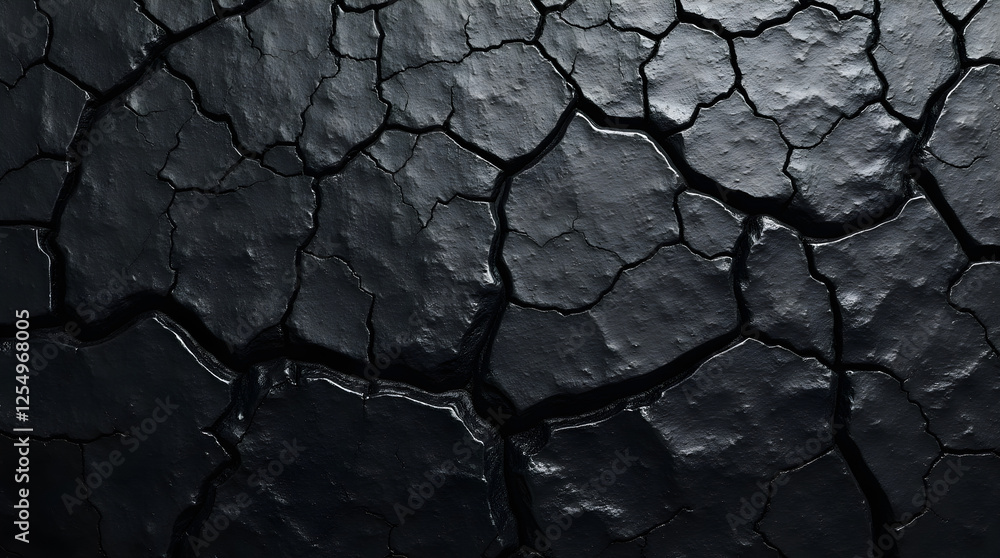 Cracked Black Earth Texture: Close-Up of Dry, Parched Soil with Deep Fissures - Abstract Natural Background for Design, Environmental Issues, and Drought Concepts Cracked Black Earth Texture: Close-Up of Dry, Parched Soil with Deep Fissures - Abstract Natural Background for Design, Environmental Issues, and Drought Concepts