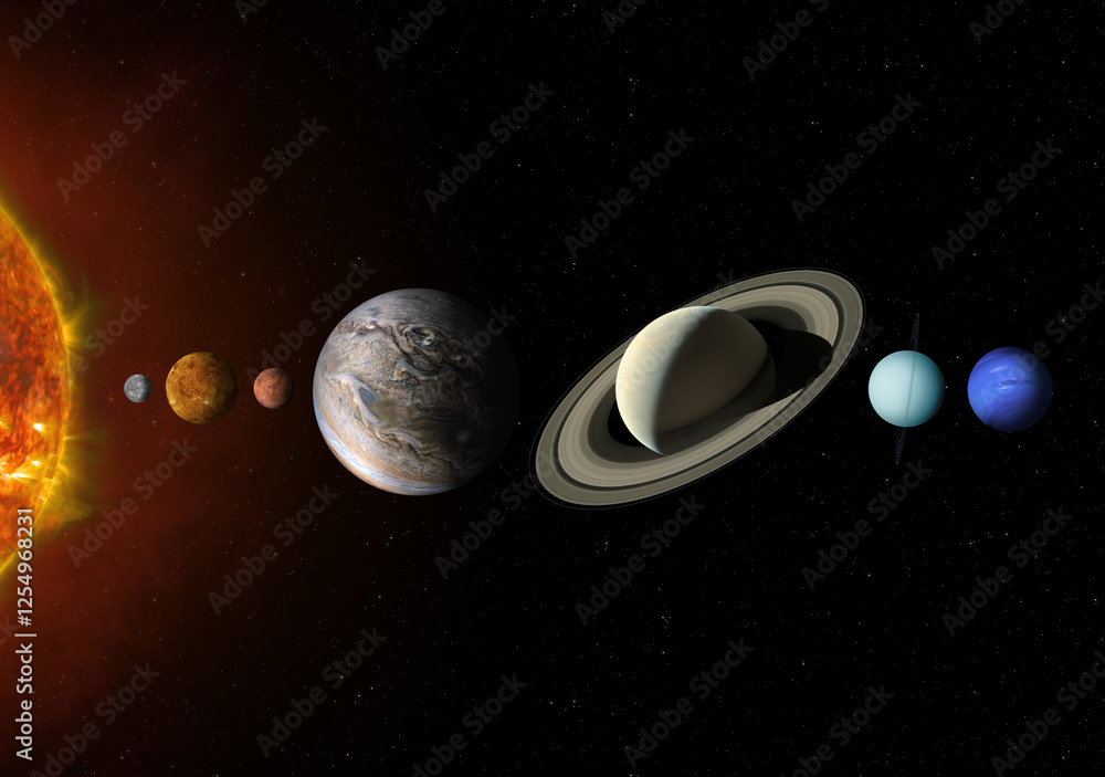 Planets on parade. A planetary alignment, or a planetary parade see seven planets - Mercury, Venus, Mars, Jupiter, Saturn, Uranus and Neptune. Elements of this image furnished by NASA.
