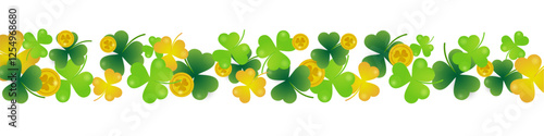 Green clover and gold coins background for St. Patrick's Day. Ornament of clover leaves and gold coins that bring good luck and happiness. Transparent background.