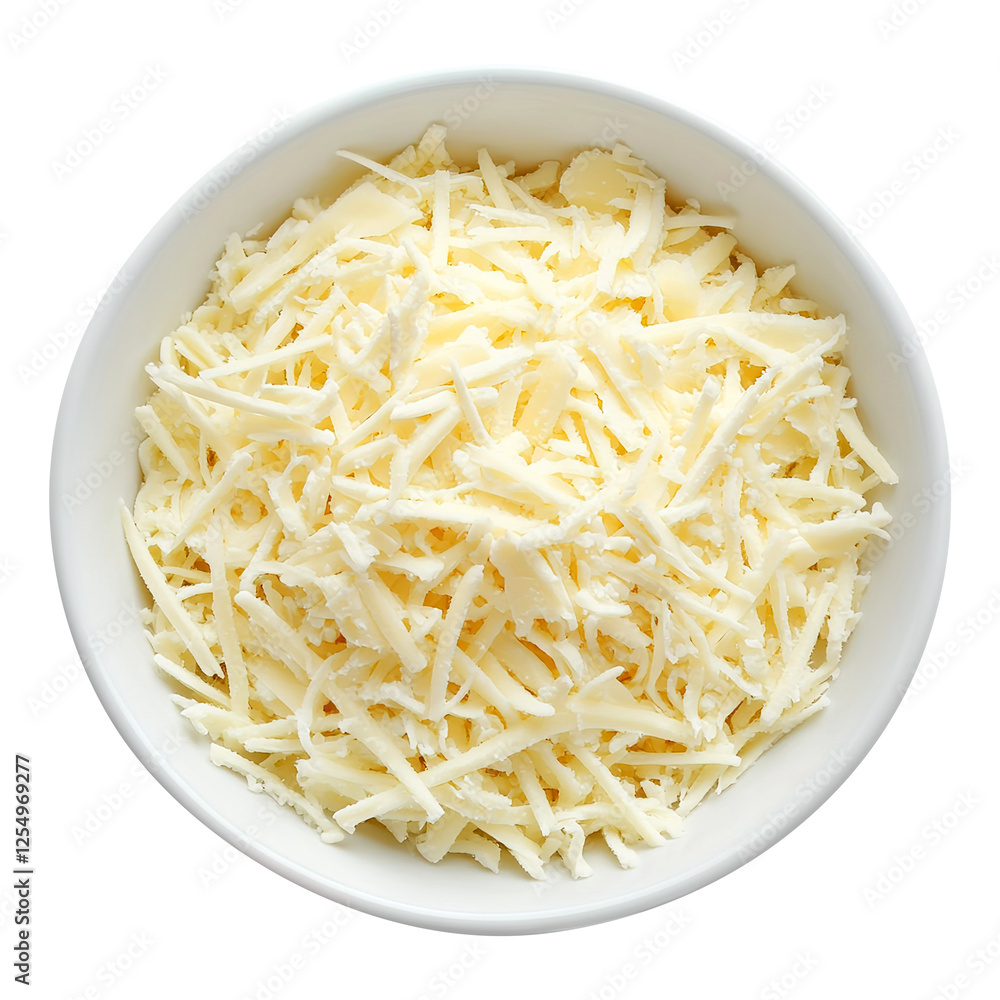 Mozzarella cheese shredded in a white bowl top view isolated on transparent white background, clipping path Mozzarella cheese shredded in a white bowl top view isolated on transparent white background, clipping path