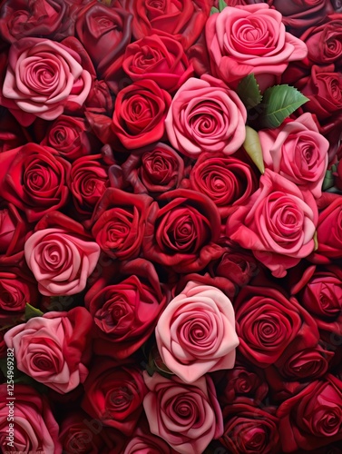 Vertical top view red and pink rose love and wedding decoration Valentines day background