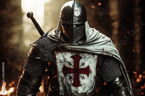 Templar knight in ornate armor stands proudly against a dreamy bokeh backdrop.