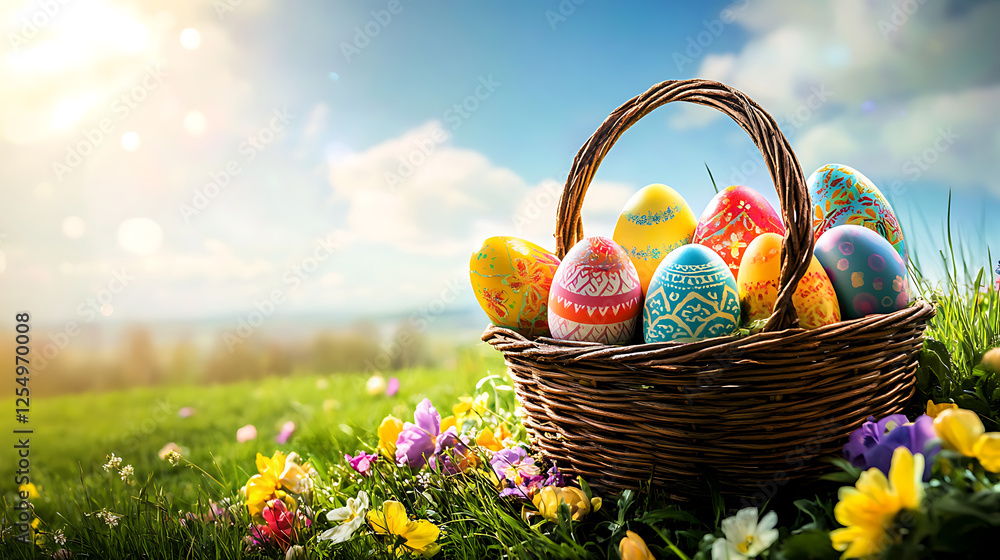 Colorful Easter Eggs in Wicker Basket Amidst Spring Flowers and Sunny Meadow Colorful Easter Eggs in Wicker Basket Amidst Spring Flowers and Sunny Meadow