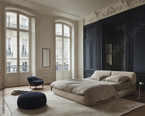 Elegant bedroom with large windows, beige bedding, and dark blue accent wall.