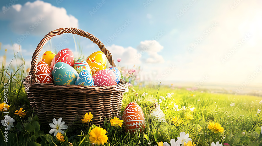 Colorful Easter Eggs in Wicker Basket on Spring Meadow Colorful Easter Eggs in Wicker Basket on Spring Meadow