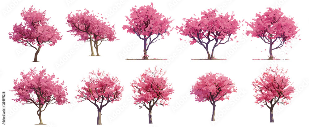 Εκτύπωση καμβά Isolated vector illustration of blossoming pink flowery trees set on transparent