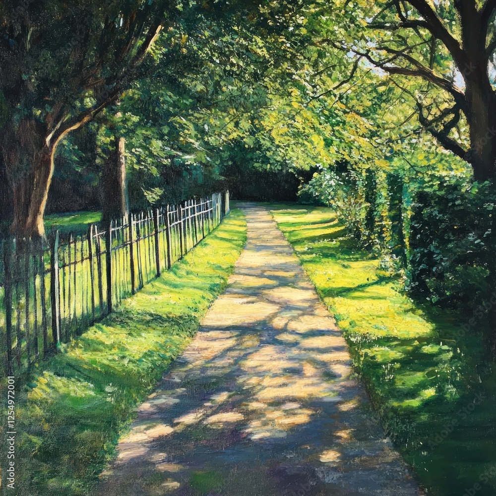 Obraz premium Sunlit path, trees, park, summer stroll