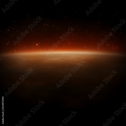 Ethereal Horizon of Planet with Distant Stars in Outer Space Landscape Glowing with Celestial Light photo