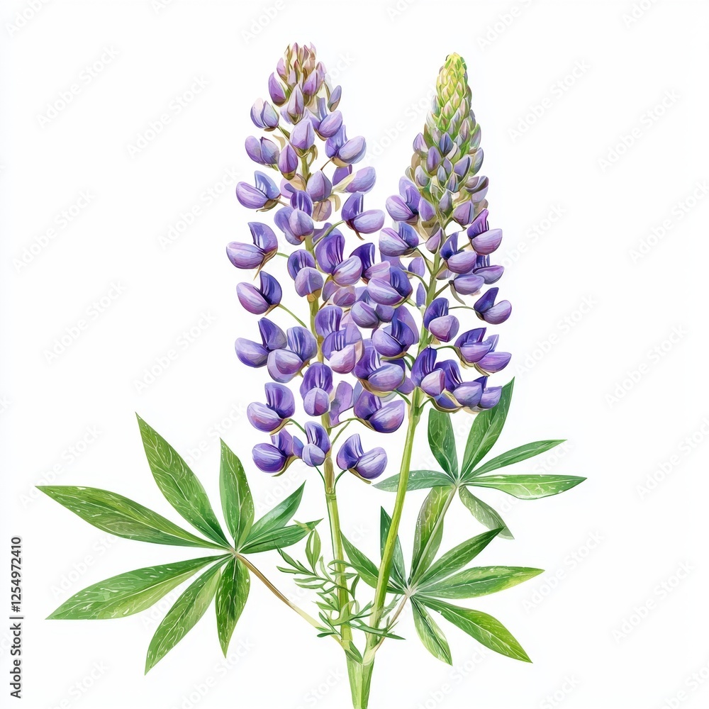 Fototapeta premium Beautiful purple lupine flower with green leaves on white background showcasing nature's vibrant colors and delicate details