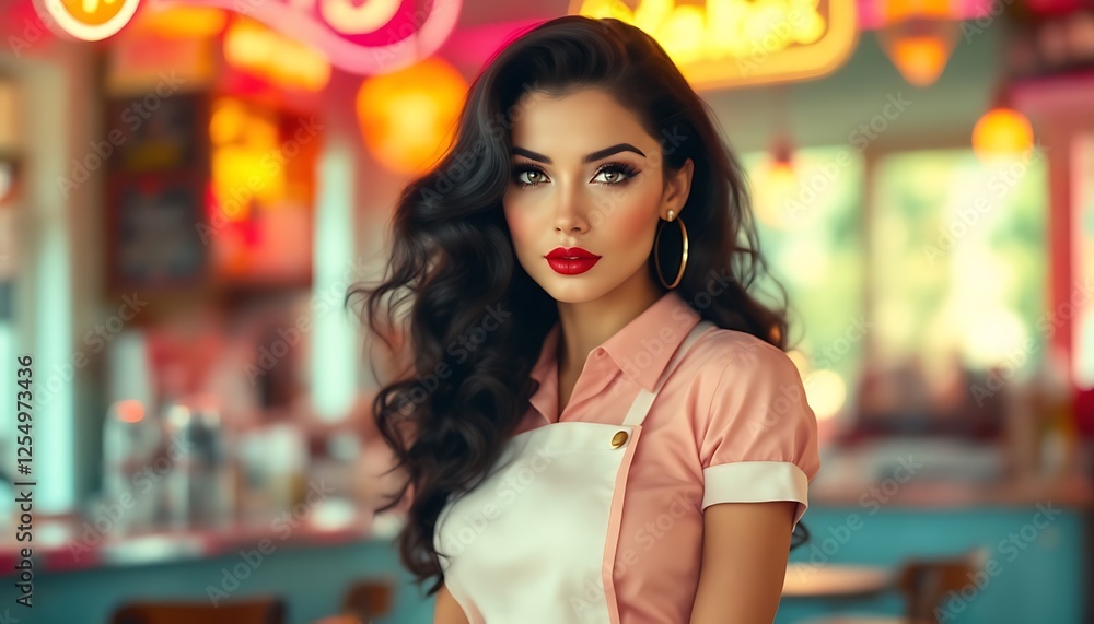 Retro Diner Beauty: A Stunning Portrait of a Woman with  Dark, Curly Hair and Red Lips in a 1950s Style Diner