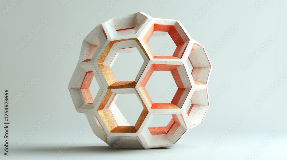Fototapeta premium Abstract white and orange geometric sphere with honeycomb structure.