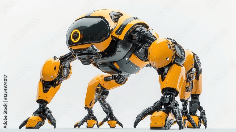 Yellow robotic quadruped, futuristic design, isolated on white. Yellow robotic quadruped, futuristic design, isolated on white.