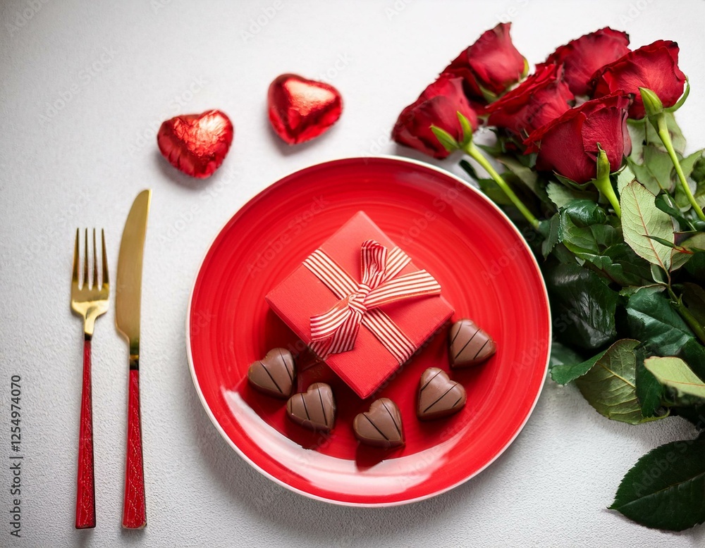 Valentine's day romantic dinner. Top view of red plate with heart-shaped chocolates and red rose flowers on a white background and copy space. Generated image Valentine's day romantic dinner. Top view of red plate with heart-shaped chocolates and red rose flowers on a white background and copy space. Generated image