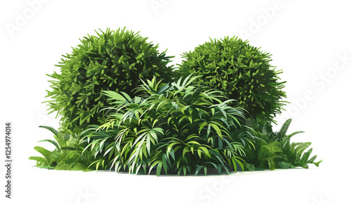 Greenish tropical shrubs vector illustration, isolated on transparent background, realistic foliage, jungle plants, nature, tropics design, lush greenery, tropical leaves, exotic plants