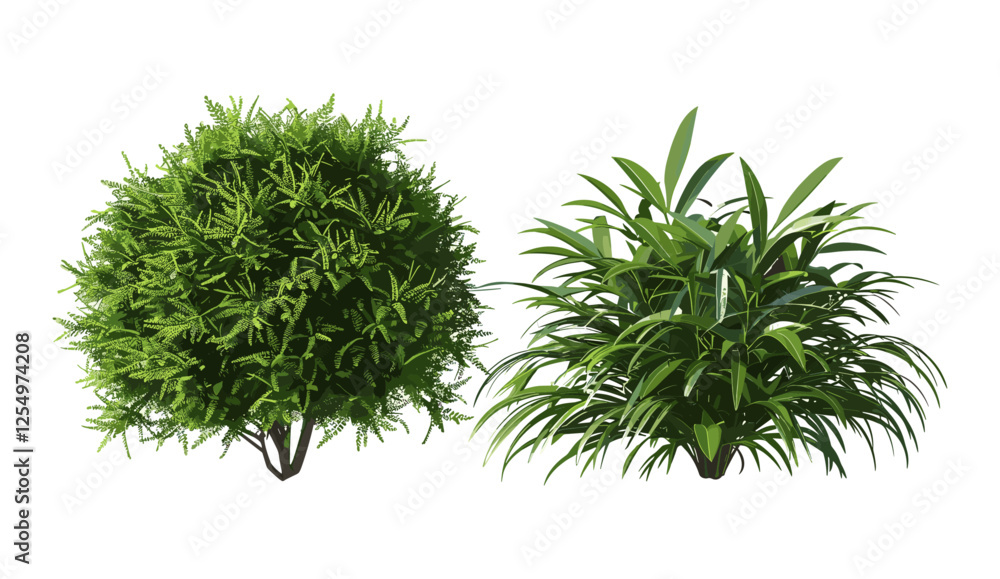 Fototapeta premium Vector illustration of realistic greenish tropics shrubs, isolated greenery, tropical jungle plants, lush foliage, nature background, tropical leaves, exotic plants, foliage design