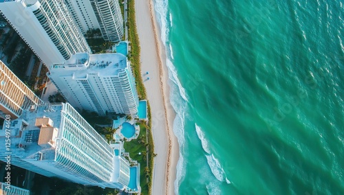 Aerial View of Coastal Highrises and Turquoise Ocean photo