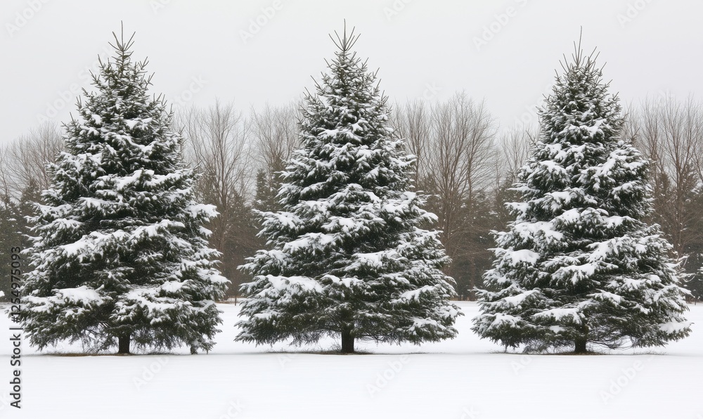 Snow-covered evergreen trees in winter landscape with bare trees in background Snow-covered evergreen trees in winter landscape with bare trees in background