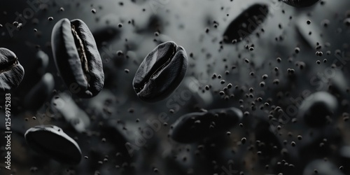 Floating coffee beans in dark atmosphere with particles and depth of field effects photo