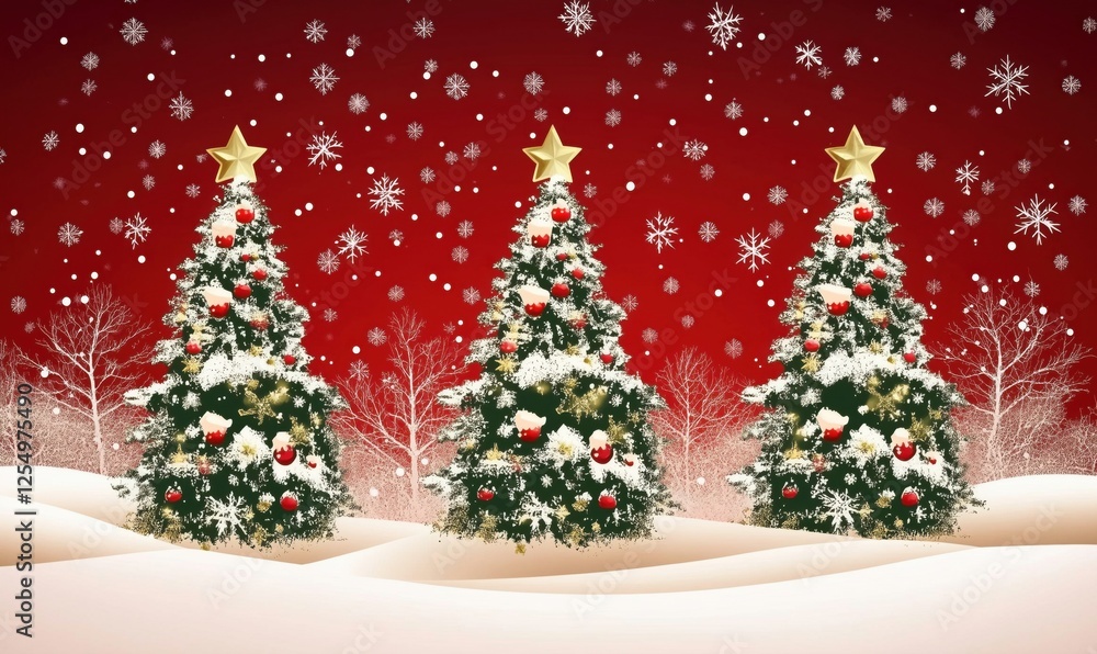 Christmas trees adorned with ornaments and snowflakes against red background Christmas trees adorned with ornaments and snowflakes against red background