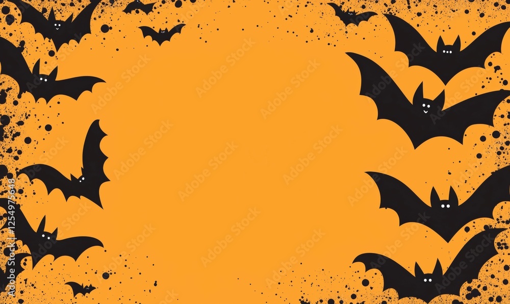Halloween bats flying against orange background with splatter effects Halloween bats flying against orange background with splatter effects