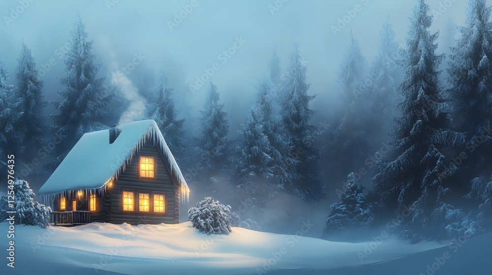 Cozy winter cabin surrounded by snowy pines winter wonderland digital art serene environment atmospheric viewpoint Cozy winter cabin surrounded by snowy pines winter wonderland digital art serene environment atmospheric viewpoint