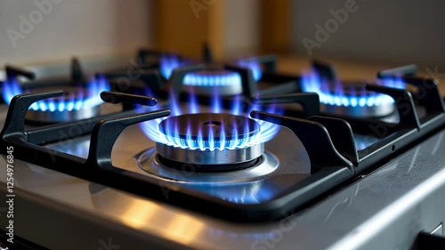 Natural Gas is burning in gas-stove in the kitchen. Concept of problems with natural gas in European union, rising gas prices