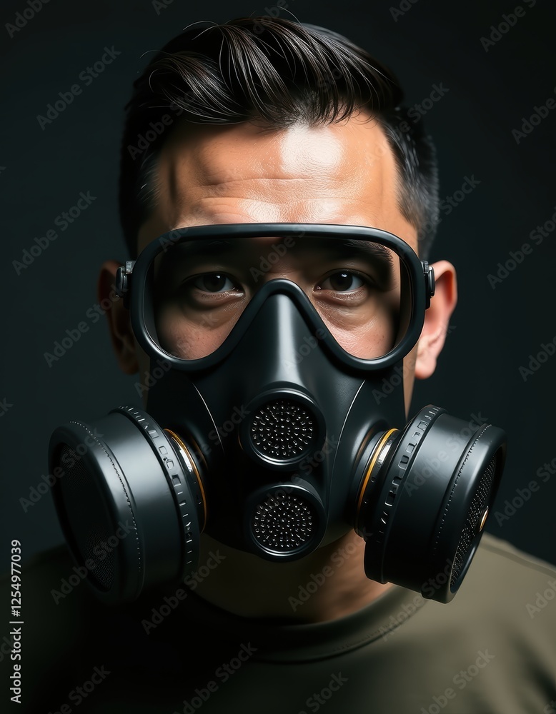 Man Wearing a Black Gas Mask and Safety Glasses Man Wearing a Black Gas Mask and Safety Glasses