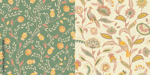 A set of two seamless patterns in the style of Jacobean embroidery with warm shades of spring, birds and flowers.
