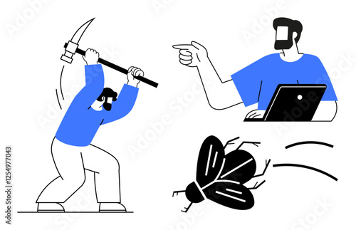 Man swings pickaxe towards bug while another man points at bug on laptop. Ideal for teamwork, problem-solving, software debugging, error fixing, technical support, perseverance, collaboration