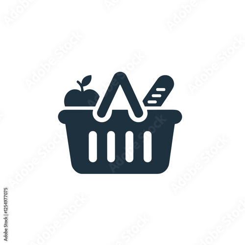Minimalist shopping basket icon with apples and bread 