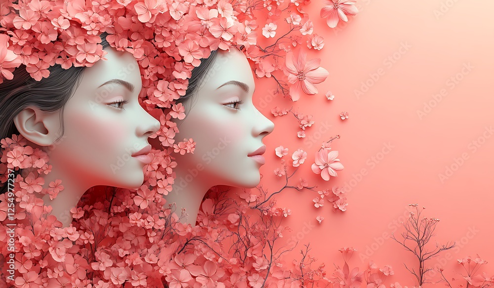 Womans Face with Cherry Blossoms on a Pastel Backdrop Womans Face with Cherry Blossoms on a Pastel Backdrop
