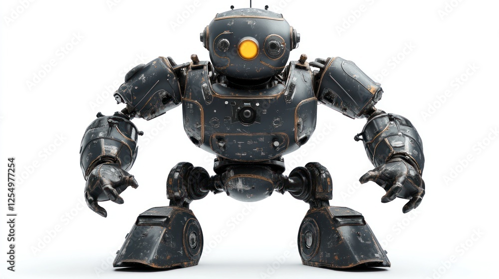 A weathered, dark grey robot with orange eyes stands on a white background in a defensive pose. A weathered, dark grey robot with orange eyes stands on a white background in a defensive pose.