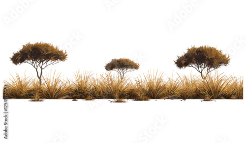 Savanna grass field vector illustration, transparent background, PNG file, African landscape, nature background, wilderness, savannah, plants, dry grass, outdoor terrain