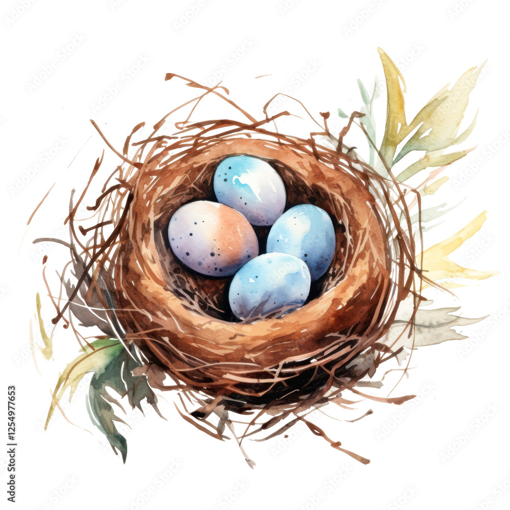 Obraz premium watercolor illustration: colorful easter eggs in nest isolated on white or transparent png