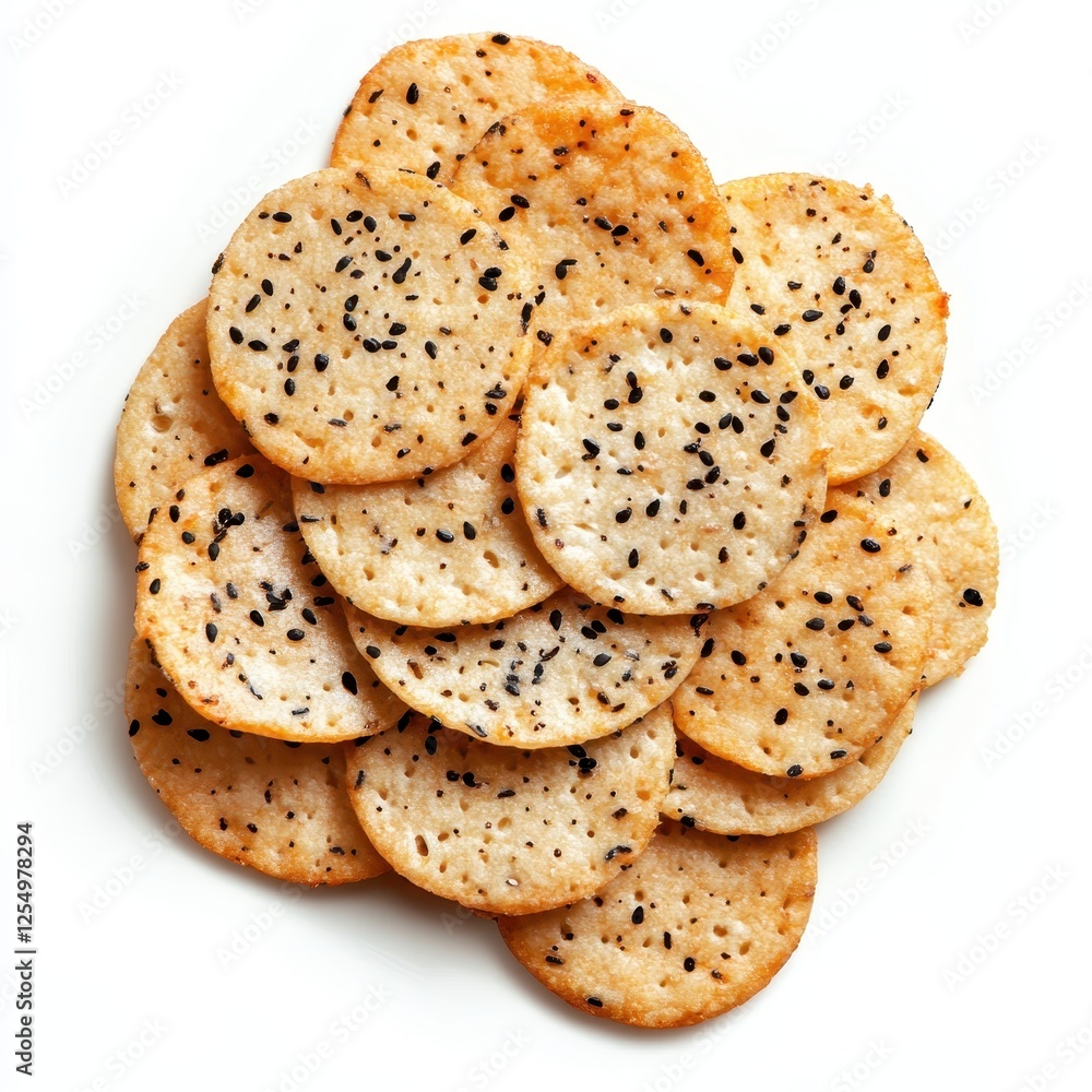 Mouthwatering Senbei Rice Crackers Stacked in a Delightful Display on a White Background Mouthwatering Senbei Rice Crackers Stacked in a Delightful Display on a White Background