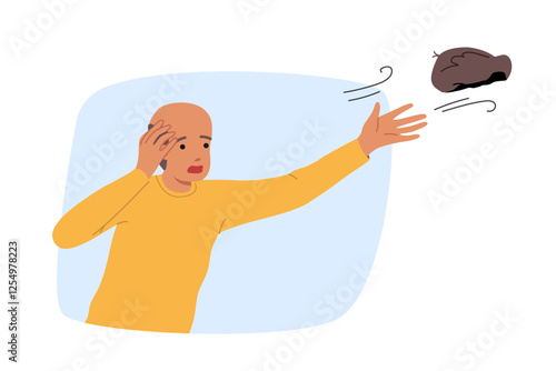 Wind blows away wig of confused man suffering from baldness due to age-related hormonal changes. Guy is trying to catch wig, embarrassed by lack of hair on head and absence of stylish hairstyle