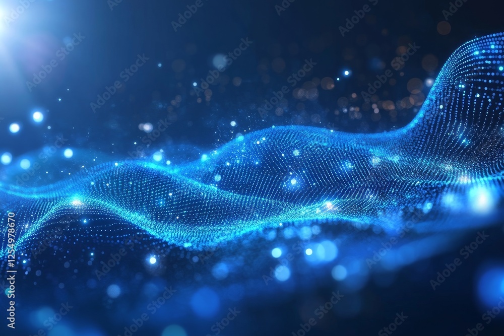 Naklejka premium Blue digital wave, particle flow, dark backdrop, tech design