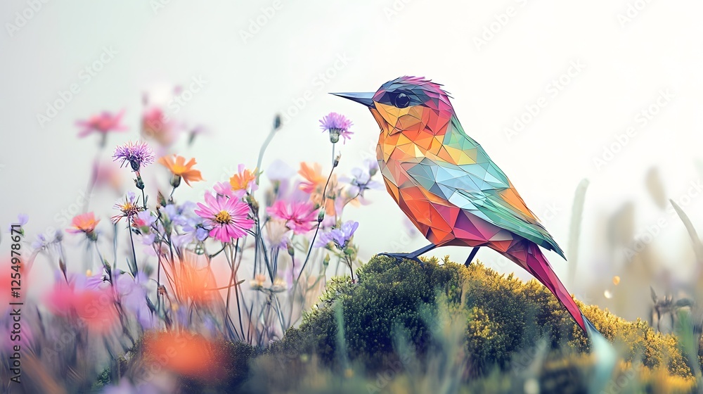 Fototapeta premium Colorful abstract art of a bird perched on a mossy branch 