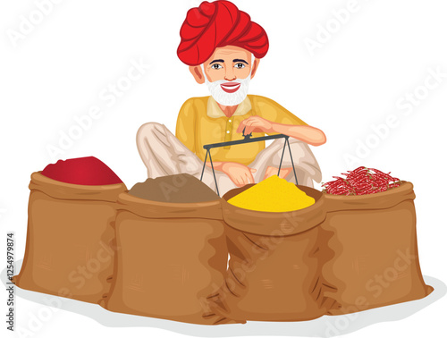 Indian Spices Seller Cartoon Character Vector Illustration