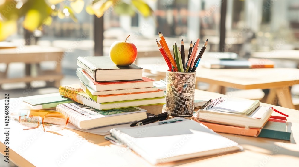 Stack of books and notebooks. Knowledge and education. Design element of modern library, bookstore, literature lesson, educational concept. Stack of books and notebooks. Knowledge and education. Design element of modern library, bookstore, literature lesson, educational concept.