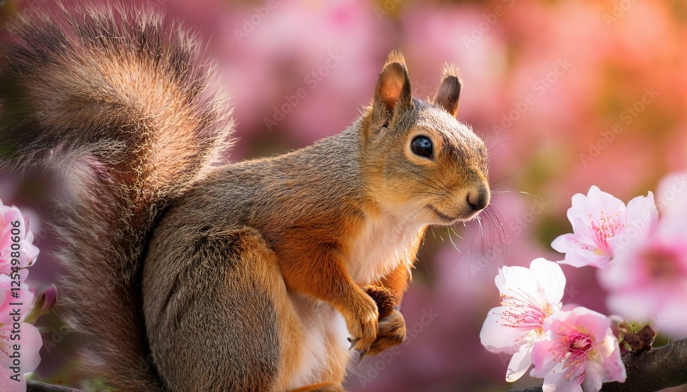 Fototapeta premium Adorable Squirrel with Blossoms – Cute Wildlife Photography in Nature