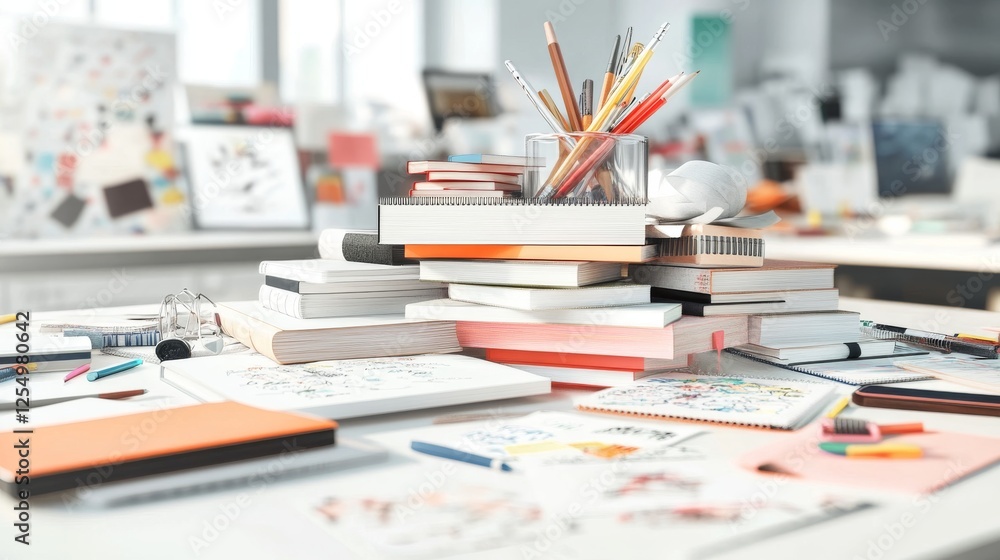 Stack of books and notebooks. Knowledge and education. Design element of modern library, bookstore, literature lesson, educational concept. Stack of books and notebooks. Knowledge and education. Design element of modern library, bookstore, literature lesson, educational concept.