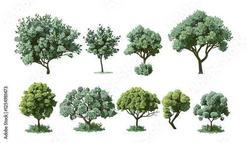 Shrubbery, trees, vector illustration, cut out, transparency, backgrounds, PNG files, landscape, plants, nature, garden, artistic, isolated, foliage, clipart, environment, leaves, set