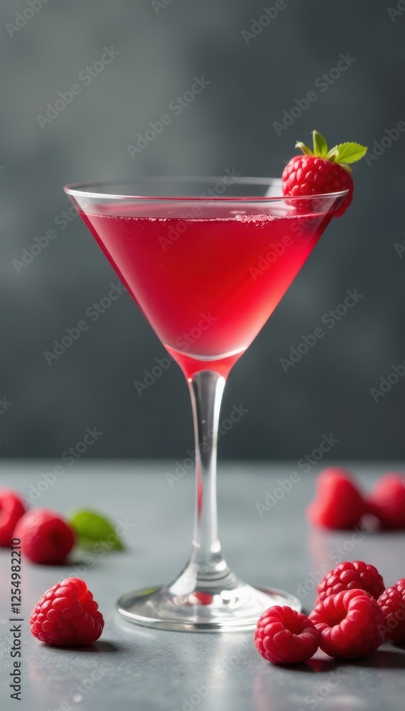 Refreshing raspberry French Martini cocktail, gray backdrop, elegant, cold Refreshing raspberry French Martini cocktail, gray backdrop, elegant, cold