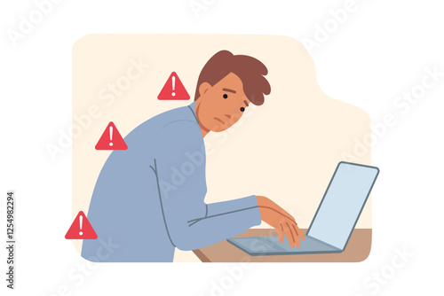 Hunched man sits at computer, risking ruining health and damaging spine due to office work. Hunched over businessman needs help of osteopath to avoid back pain and appearance of hunchback