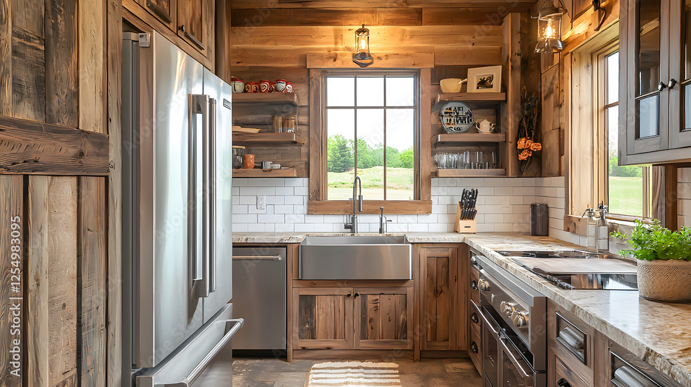 Rustic Country Kitchen Interior with Compact Design and Natural Light Rustic Country Kitchen Interior with Compact Design and Natural Light