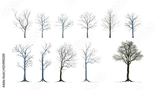 Tree collections without foliage, vector cutouts, transparent background, solitary trees 3D illustration, PNG tree cutout, isolated trees for design, nature silhouette