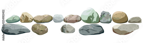 Stones river vector illustration, lined row rocks, isolated transparent background, realistic nature, stone texture, clear water, river rocks, riverbed, landscape art, realistic river scene
