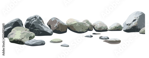 River stones, vector illustration, isolated rocks, lined row, realistic river, transparent background, natural stone texture, riverbed art, rocks in water, scenic river landscape
