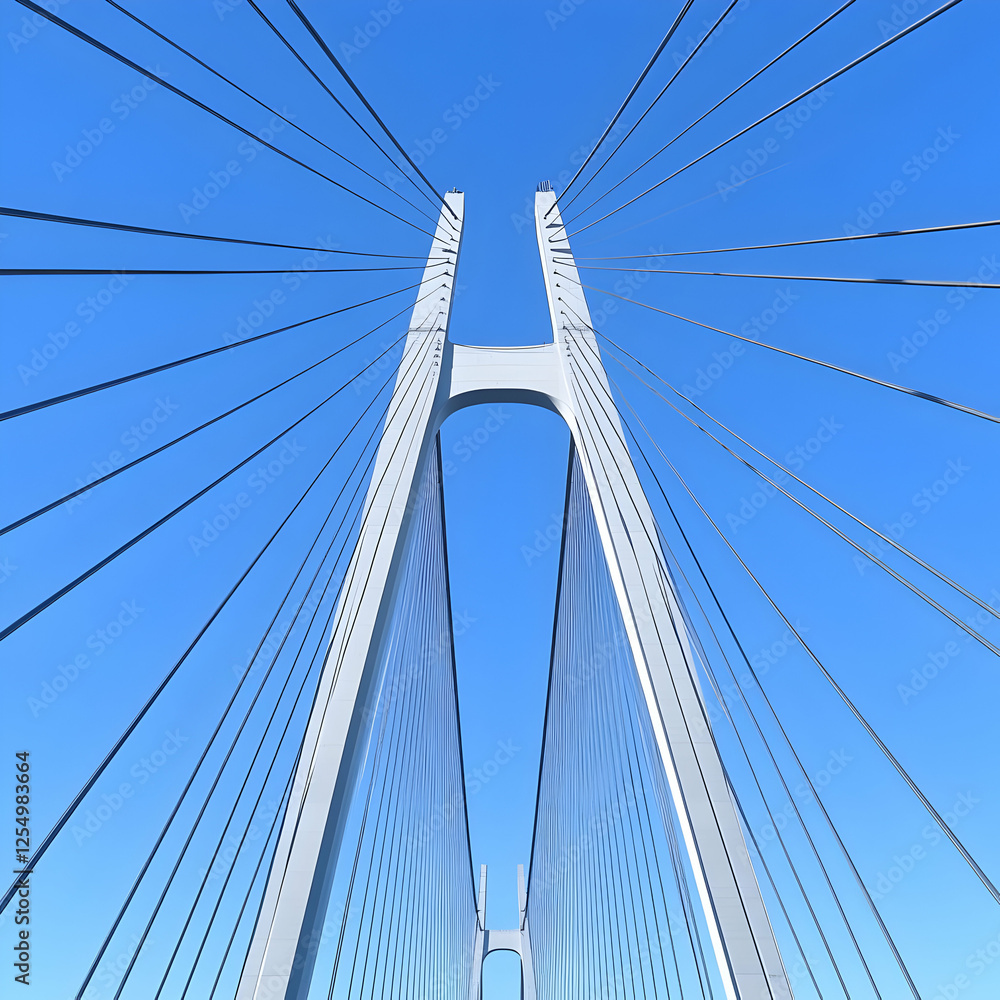 Naklejka premium Cable-Stayed Bridge Illustration, Clear Blue Sky